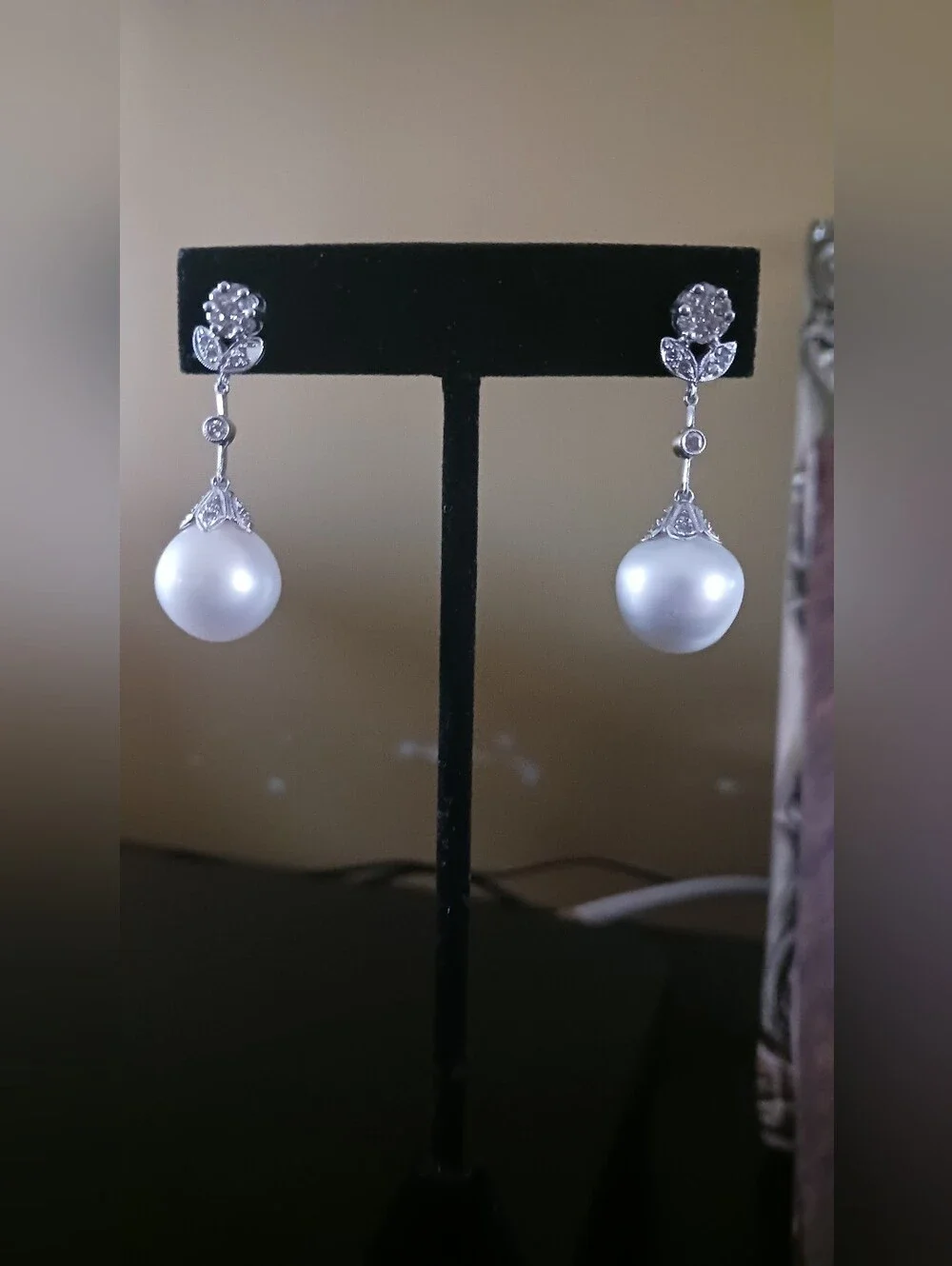 14mm White Tahitian  Pearl Drop Earrings  14k - White Gold Earring .50 White Dia
